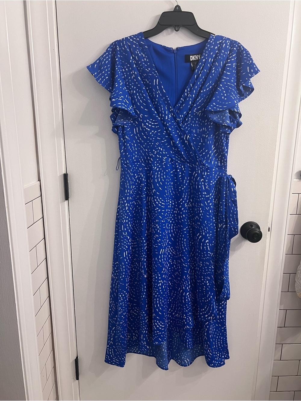DKNY Royal Blue faux Wrap Midi Dress with White Dash Print